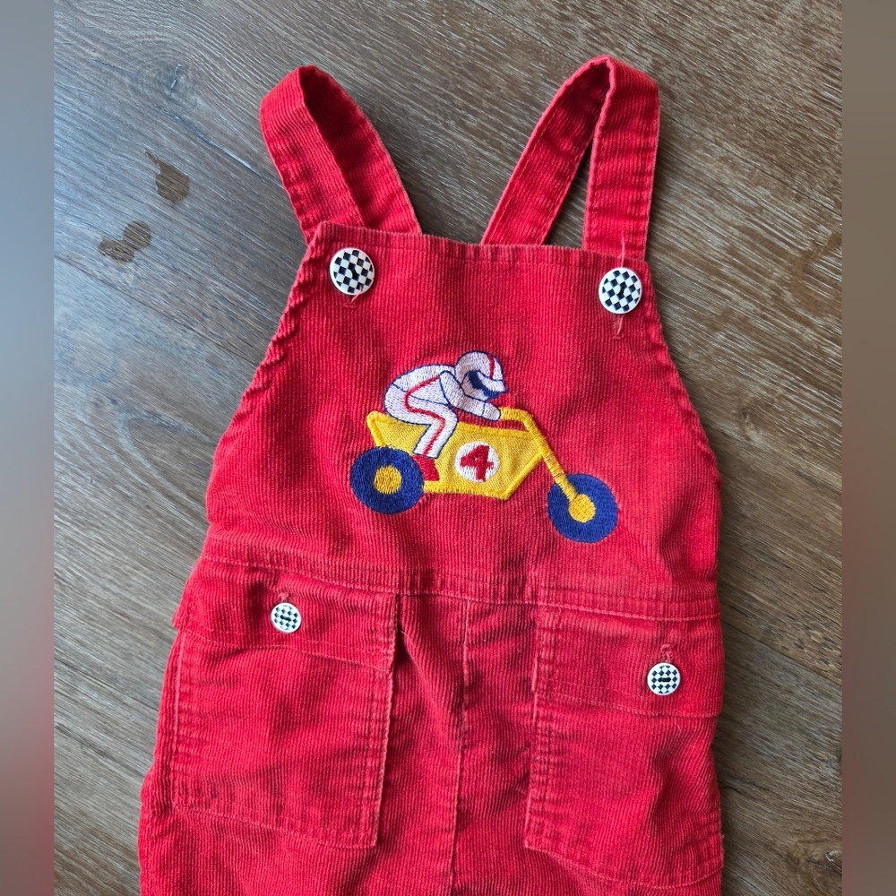 Vintage 80s Healthtex Red Motorcycle Patch Corduroy Baby Overalls Boys Size 2T - Picture 3 of 10